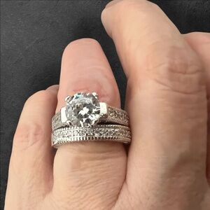 Silver wedding ring set size 6, large round clear CZ stamped .925